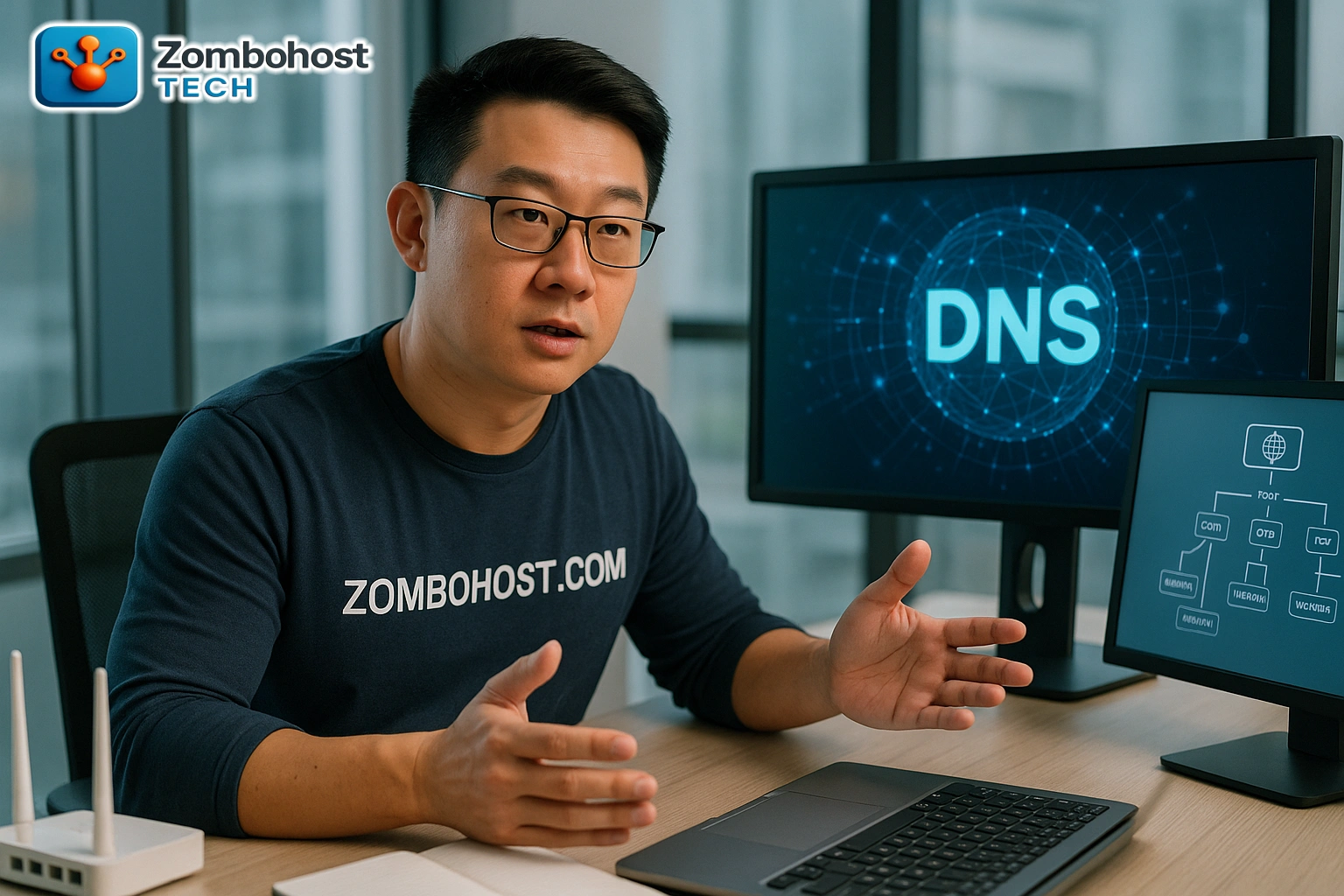 Zombohost - large digital display or virtual interface showing DNS records, web routing diagrams, or domain settings.