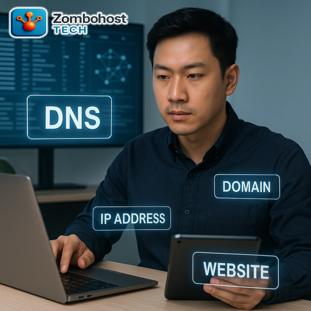 Zombohost - large digital display or virtual interface showing DNS records, web routing diagrams, or domain settings.