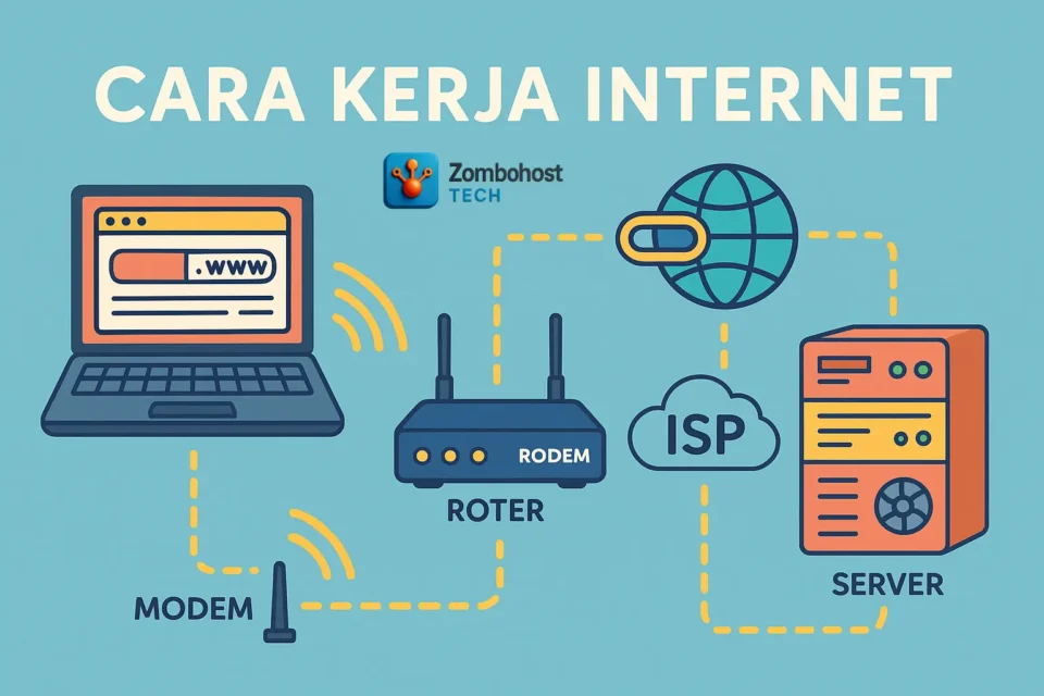 Ilustrasi alur cara kerja internet dari laptop ke server melalui modem, router, ISP, dan jaringan global.